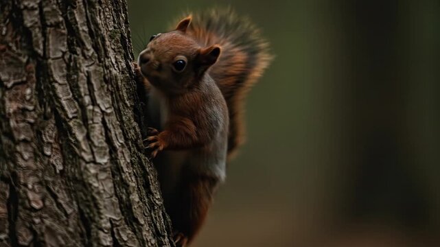 Curious squirrel clinging to tree trunk in natural outdoor environment