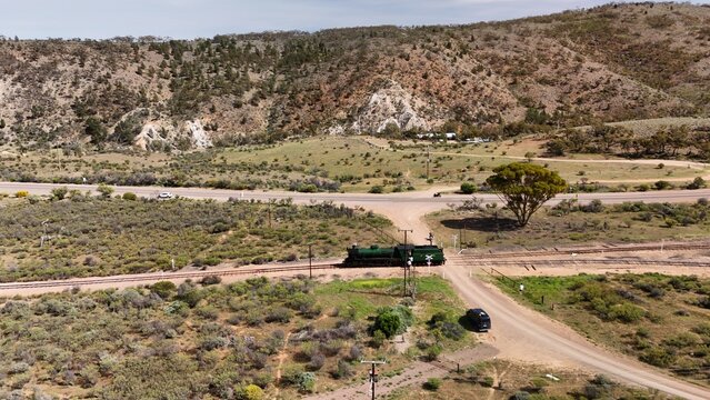 Saltia, South Australia &ndash; Aerial Drone Image of Woolshed Flat Train Stop, Pichi Richi Railway, Outback Hills and Terrain, Winding Roads, Countryside, Rural Landscape near Quorn, Flinders Ranges