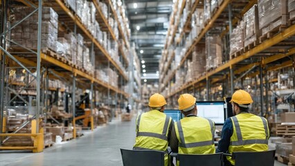 Three workers dressed in safety attire review the data, highlighting the operational essence of the stockroom environment. Capturing industry work and warehouse processes.