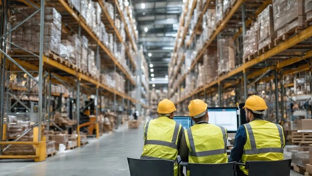 Three workers dressed in safety attire review the data, highlighting the operational essence of the stockroom environment. Capturing industry work and warehouse processes.