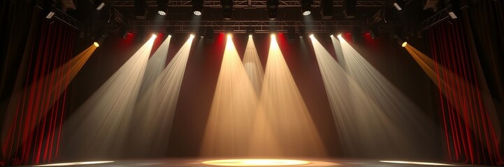Bright stage lights illuminate an empty theater stage, creating a dramatic and inviting atmosphere for upcoming performances and captivating events unfolding soon.