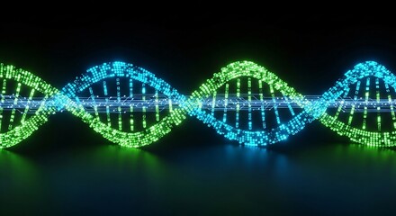 Futuristic DNA model illuminated with digital data streams glowing light
