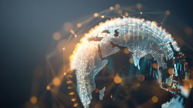 Futuristic Digital Globe with Nodes and Connections Representing Global Communication and Data Exchange in a High-Tech Environment