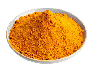 Ground Turmeric Powder on White Plate Isolated Background