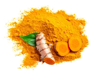 Ground Turmeric Powder with Fresh Roots and Leaves