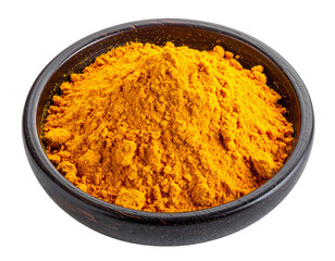 Ground Turmeric Powder in Wooden Bowl Isolated on White