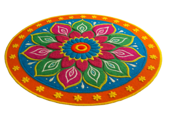 Circular Rangoli pattern with floral motif in vibrant colors, traditional cultural art isolated on white background, concept of celebration. Ai generative