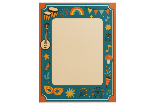 Decorative cultural-themed paper frame with musical and carnival icons in a clean graphic style on isolated white background. Ai generative
