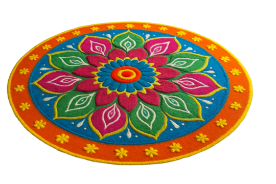 Circular Rangoli pattern with floral motif in vibrant colors, traditional cultural art isolated on white background, concept of celebration. Ai generative
