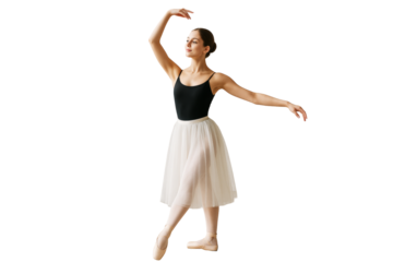 Graceful ballerina in black leotard and white skirt performing ballet pose, isolated on white background, concept of classical dance culture. Ai generative
