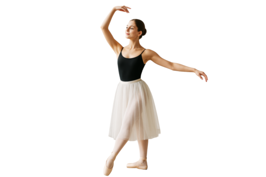 Graceful ballerina in black leotard and white skirt performing ballet pose, isolated on white background, concept of classical dance culture. Ai generative