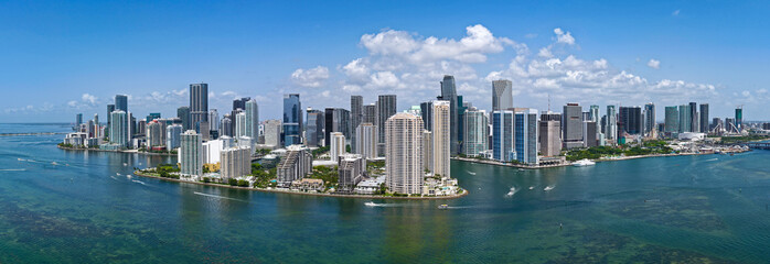 Fototapeta premium Panorama of Brickell in Miami. Brickell skyline on a sunny day. Panorama view of Brickell. Brickell famous panorama. Miami downtown landscape.