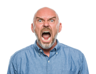Angry man yelling in emotional portrait isolated on transparent background