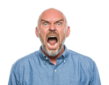 Angry man yelling in emotional portrait isolated on transparent background