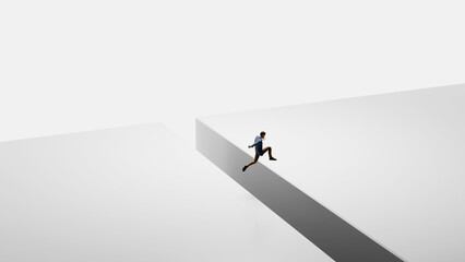 Businessman leaping across a chasm in a minimal white landscape, symbolizing risk taking and overcoming challenges in business. 3D render