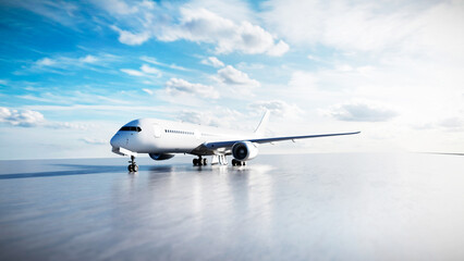 Fototapeta premium Modern white passenger airplane standing on the tarmac under cloudy blue sky. 3D render
