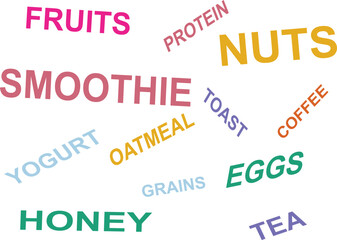 Colorful Typography Word Cloud of Popular Healthy Breakfast and Food Items Concept Graphic