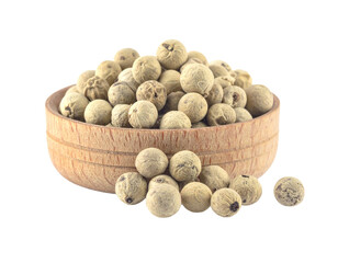 Whole Dried White Peppercorns in Wooden Bowl