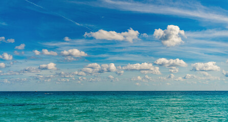 Cloudy sky and seascape at summer vacation. Skyscape with sea horizon. Calm horizon with sea...