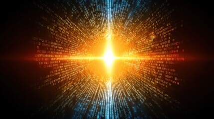 Digital explosion of light in binary code background representing technology, data, and innovation with vibrant colors and energetic movement effect