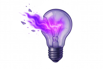 Broken lightbulb concept with purple electric flame. Bursting energy and creative explosion idea