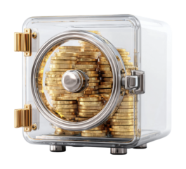 Secure safe with gold coins business office digital modern isolated on transparent background