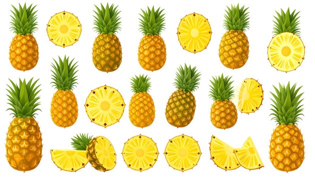 An arrangement of whole and sliced pineapples with green leafy tops on a clean white background