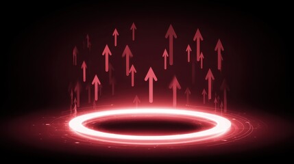 Abstract futuristic design with glowing red arrows rising from a circular base in a dark background for creative projects and digital media usage