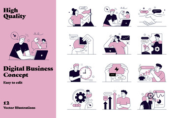 Flat vector illustration set of Digital business, business growth, SEO, content strategy, social media, analytics, and teamwork. Perfect for websites, apps, presentations, and branding. Vector