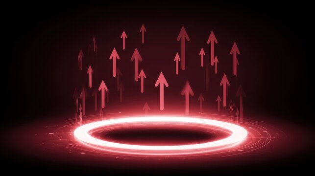 Abstract futuristic design with glowing red arrows rising from a circular base in a dark background for creative projects and digital media usage - Powered by Adobe
