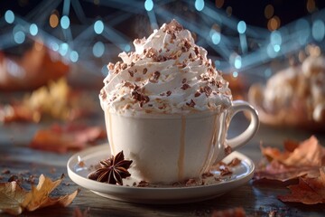 A cozy mug of chocolate bliss with a dash of seasonal charm. Digital web. Autumn hot chocolate: whipped cream and cocoa on a wooden table. Intelligent grid. Information flow.