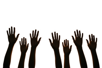 Obraz premium Silhouetted raised hands isolated on white background, minimalistic style, symbolizing social unity, equality, and participation. Ai generative