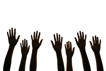 Silhouetted raised hands isolated on white background, minimalistic style, symbolizing social unity, equality, and participation. Ai generative