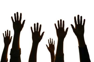 Multiple raised human hands in silhouette style, isolated on white background, symbolizing unity, activism, support, and social issues. Ai generative