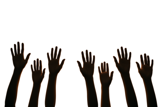 Silhouetted raised hands isolated on white background, minimalistic style, symbolizing social unity, equality, and participation. Ai generative