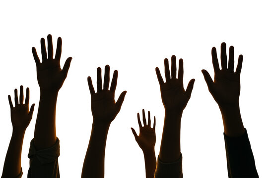 Multiple raised human hands in silhouette style, isolated on white background, symbolizing unity, activism, support, and social issues. Ai generative