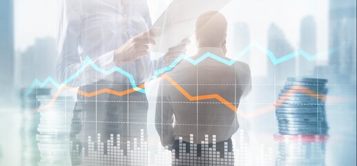 Universal Financial stock trading graph chart diagram business finance concept double exposure mixed media