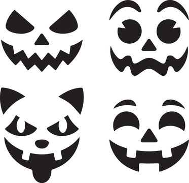 Four spooky halloween pumpkin faces and a cute cat face stencil set