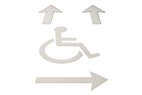 Wheelchair accessibility symbol with directional arrows isolated on clean white background, abstract layout concept for social issues and inclusion. Ai generative