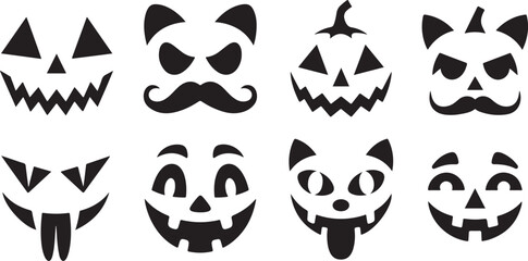 Collection of eight spooky and fun halloween pumpkin faces stencils for carving and decoration