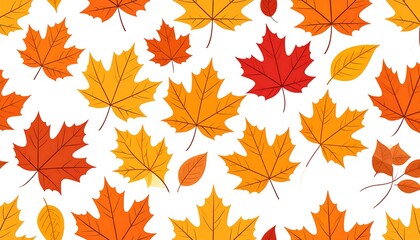 Fototapeta premium Assorted autumn leaves of vibrant reds, oranges, and yellows scattered across a white background, creating a seasonal pattern