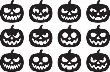 Collection of twelve distinct carved halloween pumpkin faces with spooky expressions and glowing eyes in black silhouette
