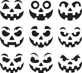 Collection of nine distinct black and white halloween pumpkin faces carved with various expressions and emotions