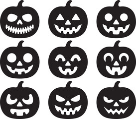 Collection of nine black silhouette halloween jack o lantern pumpkin faces with various carved expressions