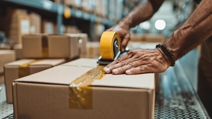 A man tapes a cardboard box shut in a busy warehouse. - Powered by Adobe
