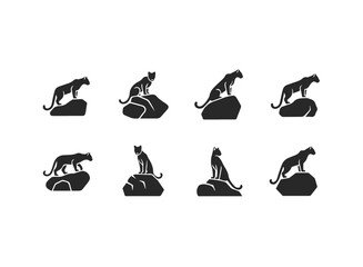 Set of Black Panther Silhouettes on Rocks.