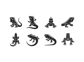 Set of Black Iguana Icons in Various Poses.