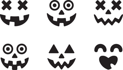 Collection of six spooky and fun halloween pumpkin carving faces and expressions on white background