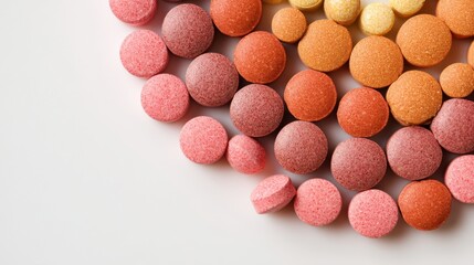 Colorful Array of Round Tablets and Dietary Supplements on Light Background Displaying Various Shades of Pink, Orange, Yellow, and Red for Health Concepts