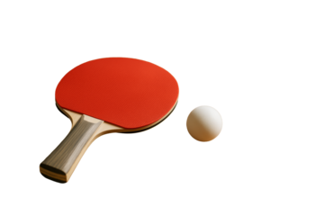 Table tennis paddle with red rubber and white ball isolated on clean white background, closeup sport concept for template or layout. Ai generative